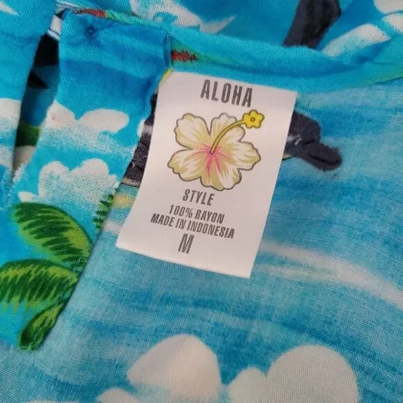 ALOHA Women's Blue Hawaiian Print Sleeveless Summer Mini Dress Size Medium - Picture 12 of 12